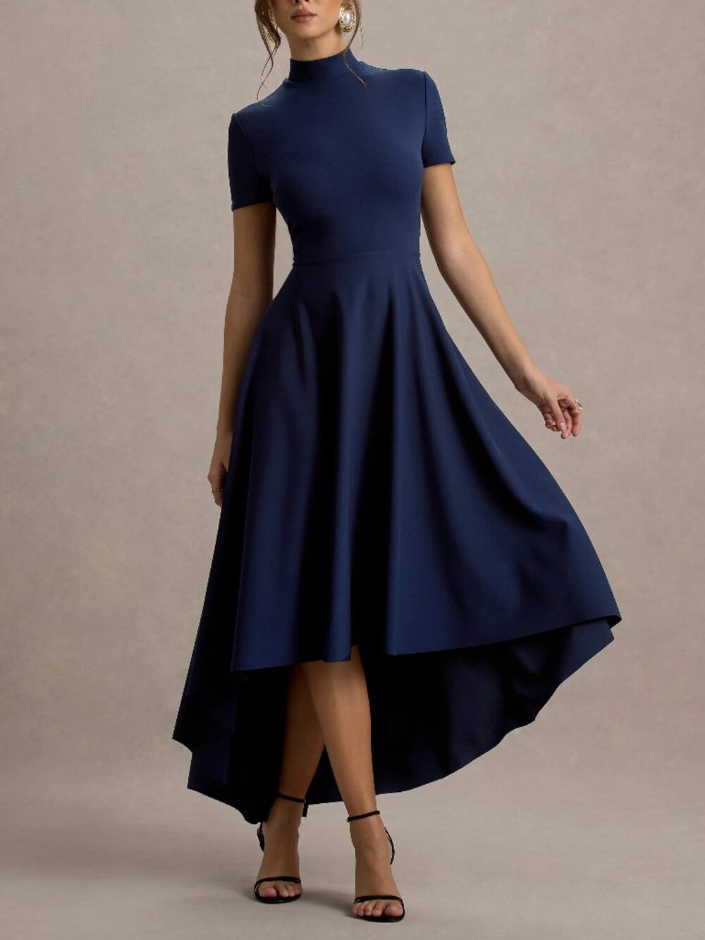 Bellona Navy High-Neck High-Low Midi Dress